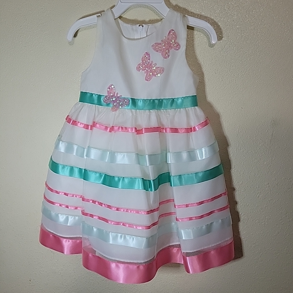 Girls' White Dress with Pink and Green Accents